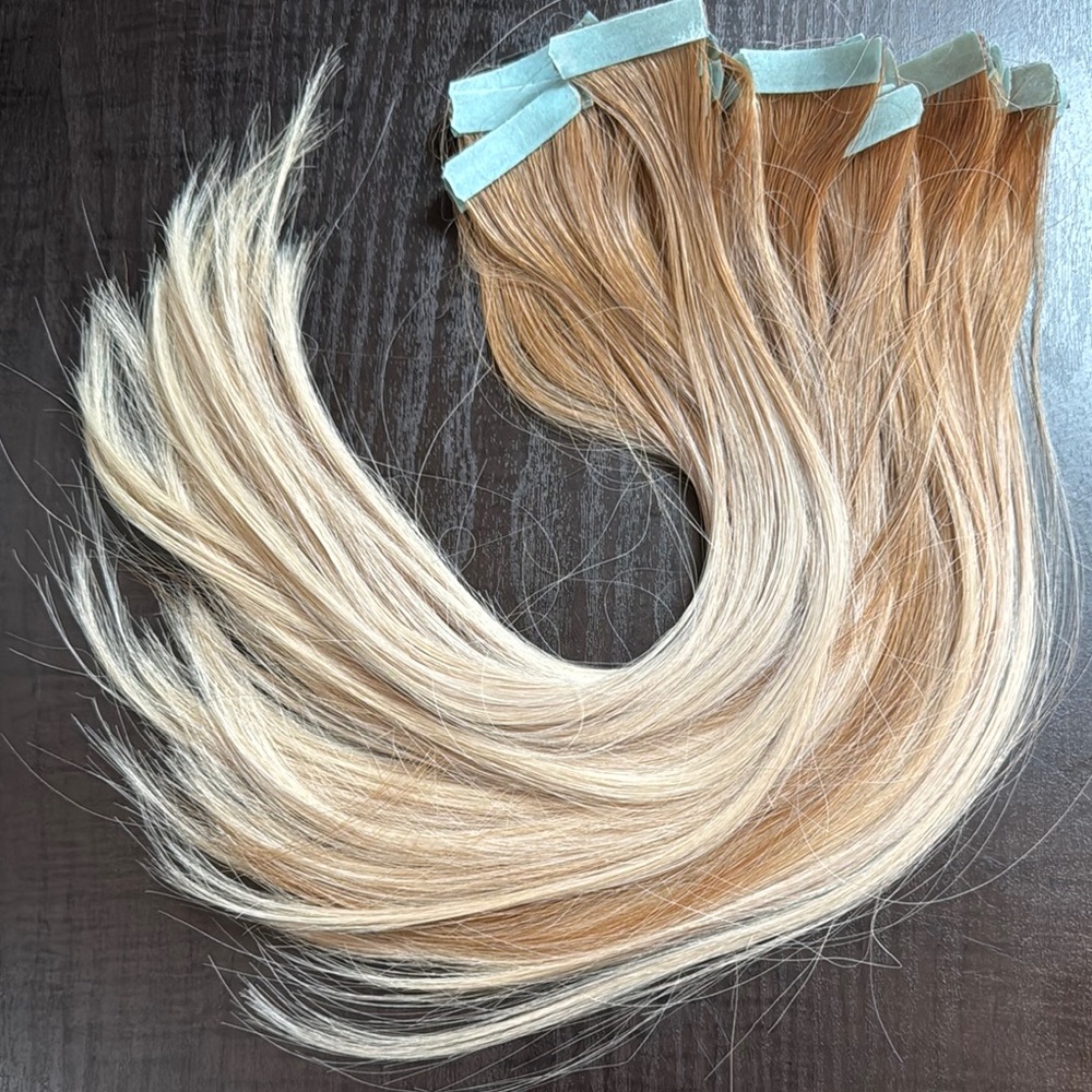 Pre-owned Tape-In 15” L Premium Blonde Hair Extensions Ombre Platinum Blonde